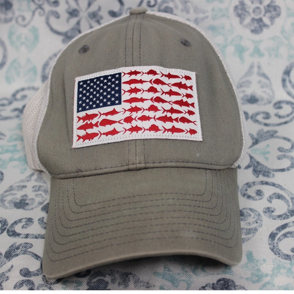 Columbia PFG Performance Fishing Gear Hat American Flag Fish Graphic Tan Mesh